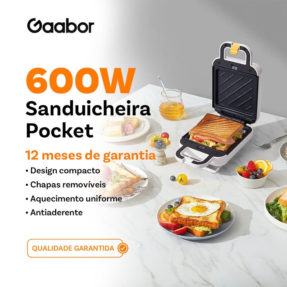 Gaabor Sanduicheira Elétrica Frigideira Antiaderente Aquecimento de Temperatura Constante de Dupla Face SM60M-WH01A-1