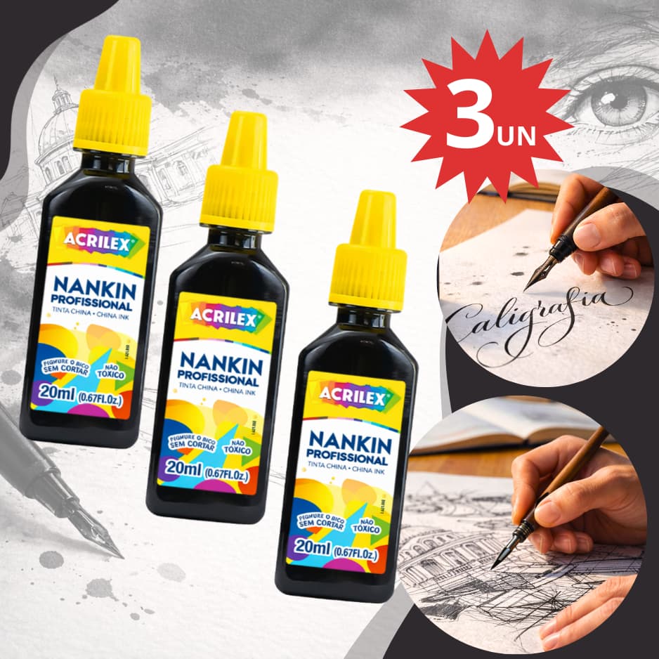 Kit 1/3 Tinta Nankin Preta Profissional 20Ml Acrilex Não Tóxico Artesanato Desenho Caligrafia