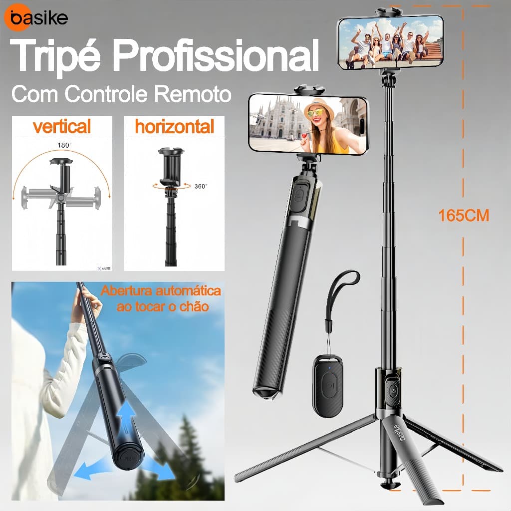 Basike Tripé Para Celular Profissional—com Controle Remoto 162cm, 180° (H) + 360° (V) Rotação