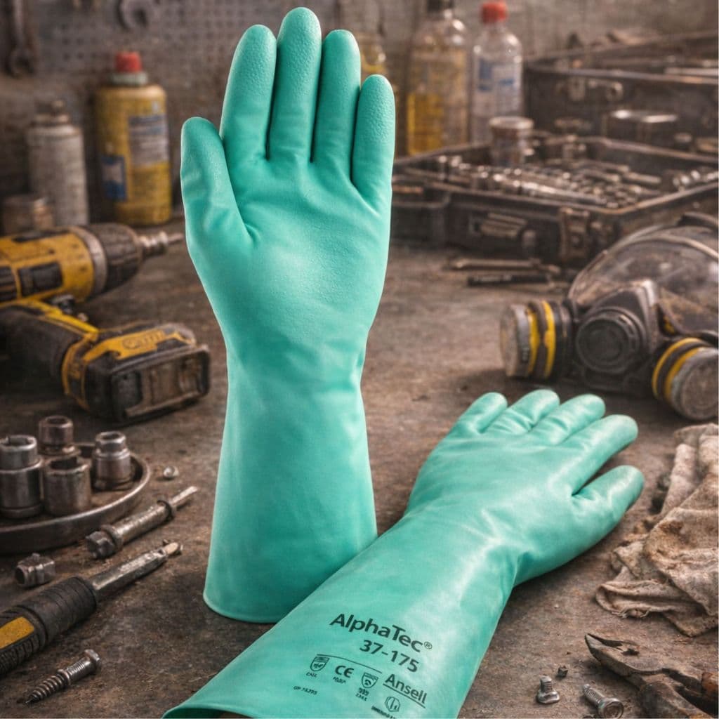 Luva Nitrílica Longa Verde 33cm Ansell 37-175 Solvex Borracha Flocos de Algodão Antiderrapante Alta Resistência