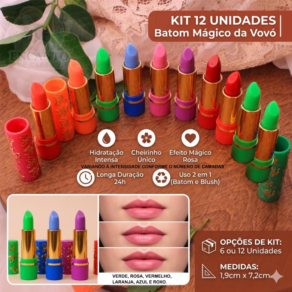 Kit 6 ou 12 Unidades Batom Mágico da Vovó | Longa Duração 24h Colorido