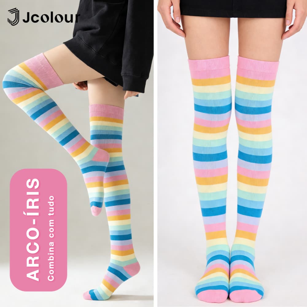 Kit 2 Pares Meia Calça 7/8 Feminina com Design Arco-Íris Colorido