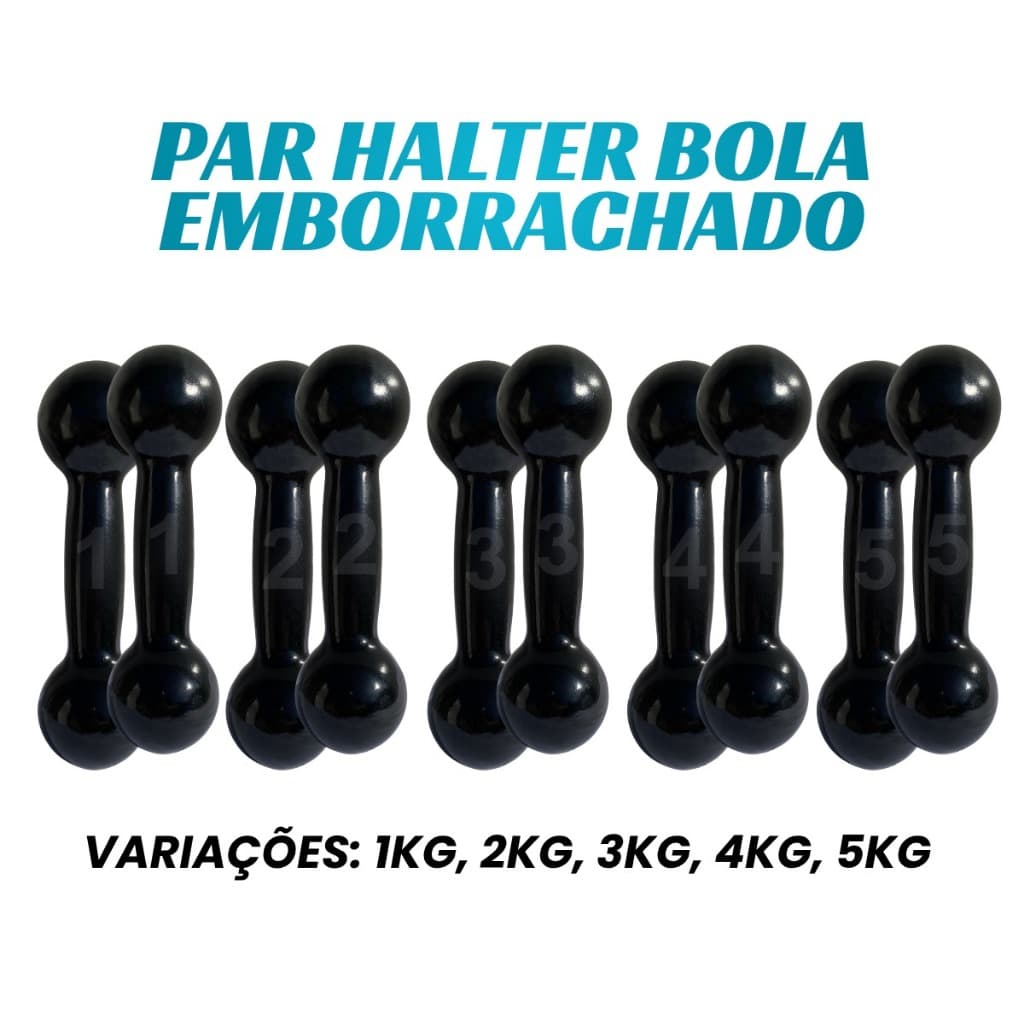 Par de Halter Emborrachado 1kg a 5kg Bola - Peso de Academia Musculação Pesinho Treino Em Casa Func