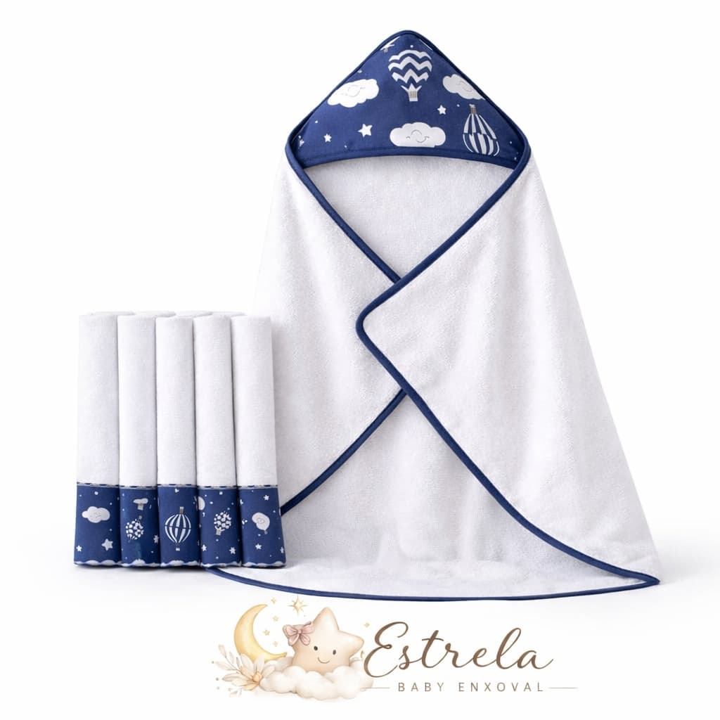 Kit Toalha de Banho para Bebê com Capuz Forrado + 5 Toalhinhas Higiênicas Atoalhado