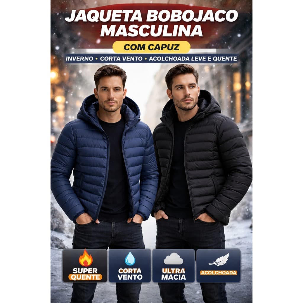 Jaqueta Bobojaco Impermeável Masculina com Capuz Inverno Corta Vento Acolchoada Leve Quente