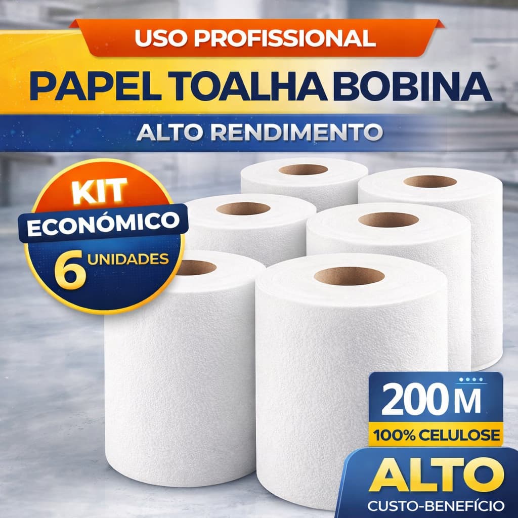 Papel Toalha Bobina 200m Kit 6 Unidades Uso Profissional Restaurante Clínica