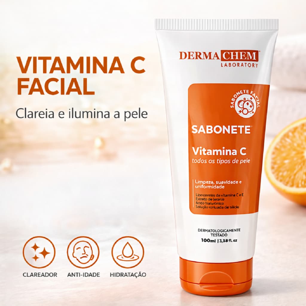 Sabonete Líquido Vitamina C e E + ácido hialurônico Clareador e Anti-idade Dermachem 100ml