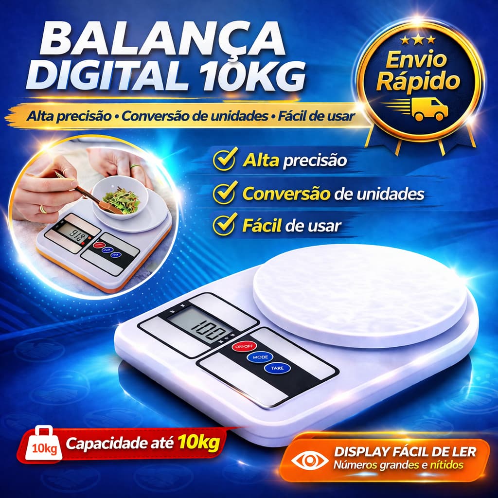 Balança Digital de Cozinha 10kg Alta Precisão com Tara Display Iluminado