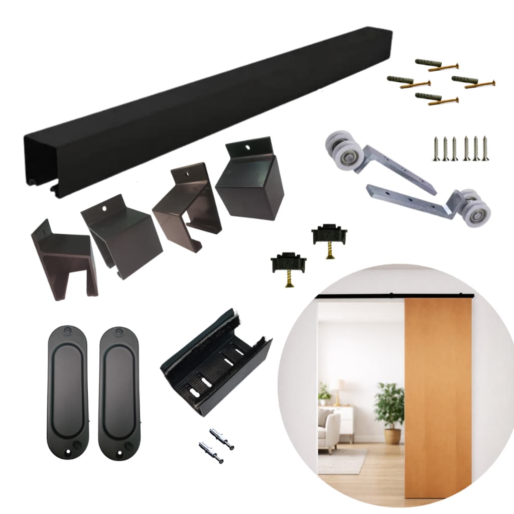 Kit trilho alumínio p/ porta de correr MDF, roldanas 2R e guia, par de concha (sem porta)