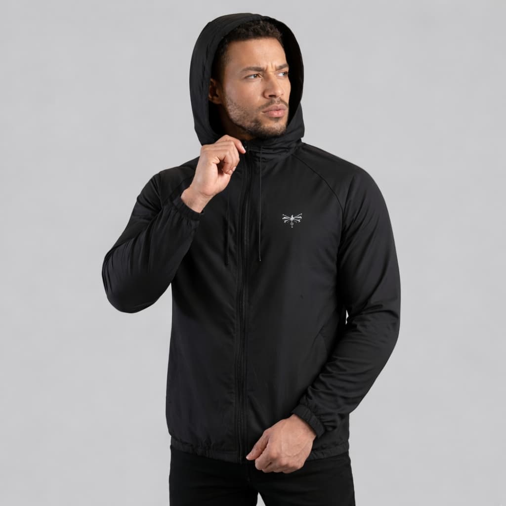 Jaqueta masculina corta vento com capuz forrado e zíper frontal leve e confortável para o dia a dia