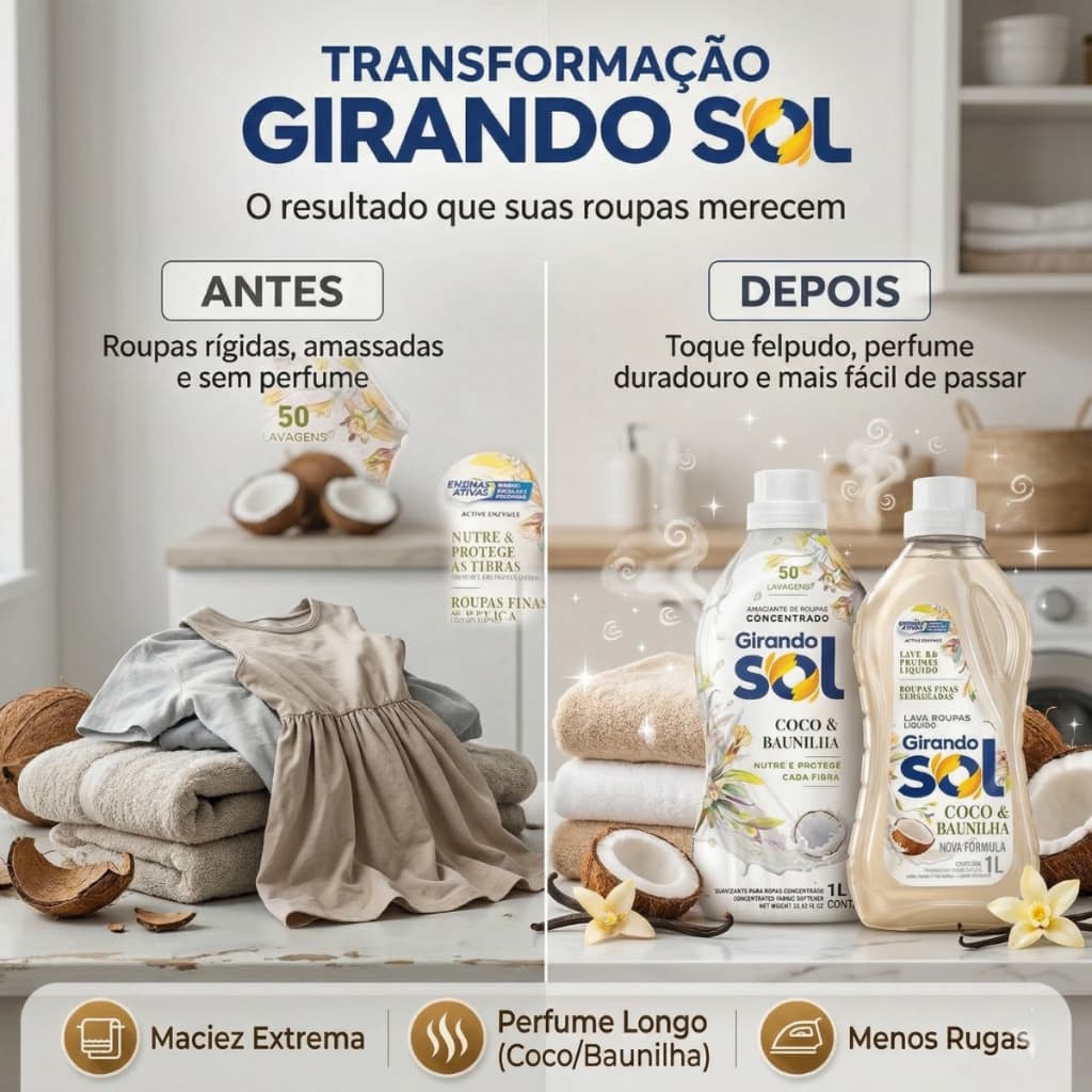 Kit Sabão lava roupas 1L + Amaciante Concentrado 1L Coco com Baunilha Girando Sol