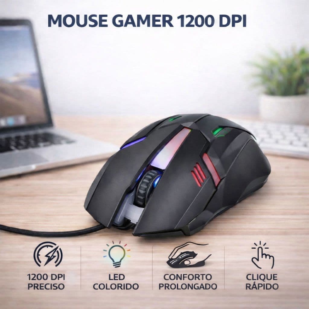 Mouse Com Fio Design Ergonômico 1200 DPI Ajustável Alta Precisão Cabo Resistente