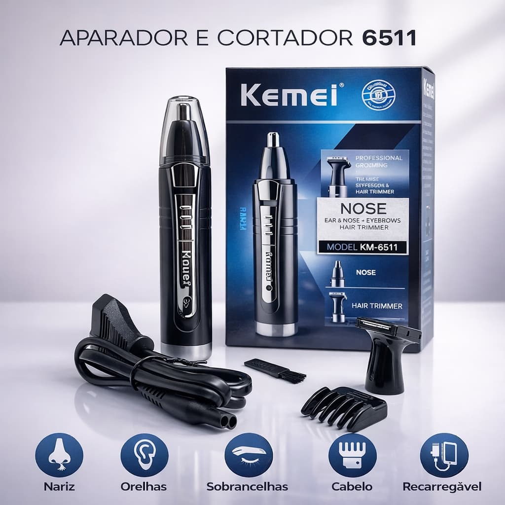 Máquina Cortar Cabelo Kemei Aparador Tirar Pelos Nariz Barba Bigode Acabamento Kemei Original km6511