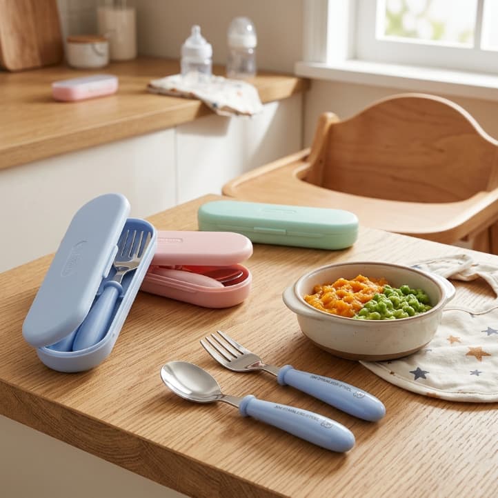 Conjunto de talheres infantis, feito de aço inoxidável 304, inclui colher e garfo, e vem com caixa para armazenamento.