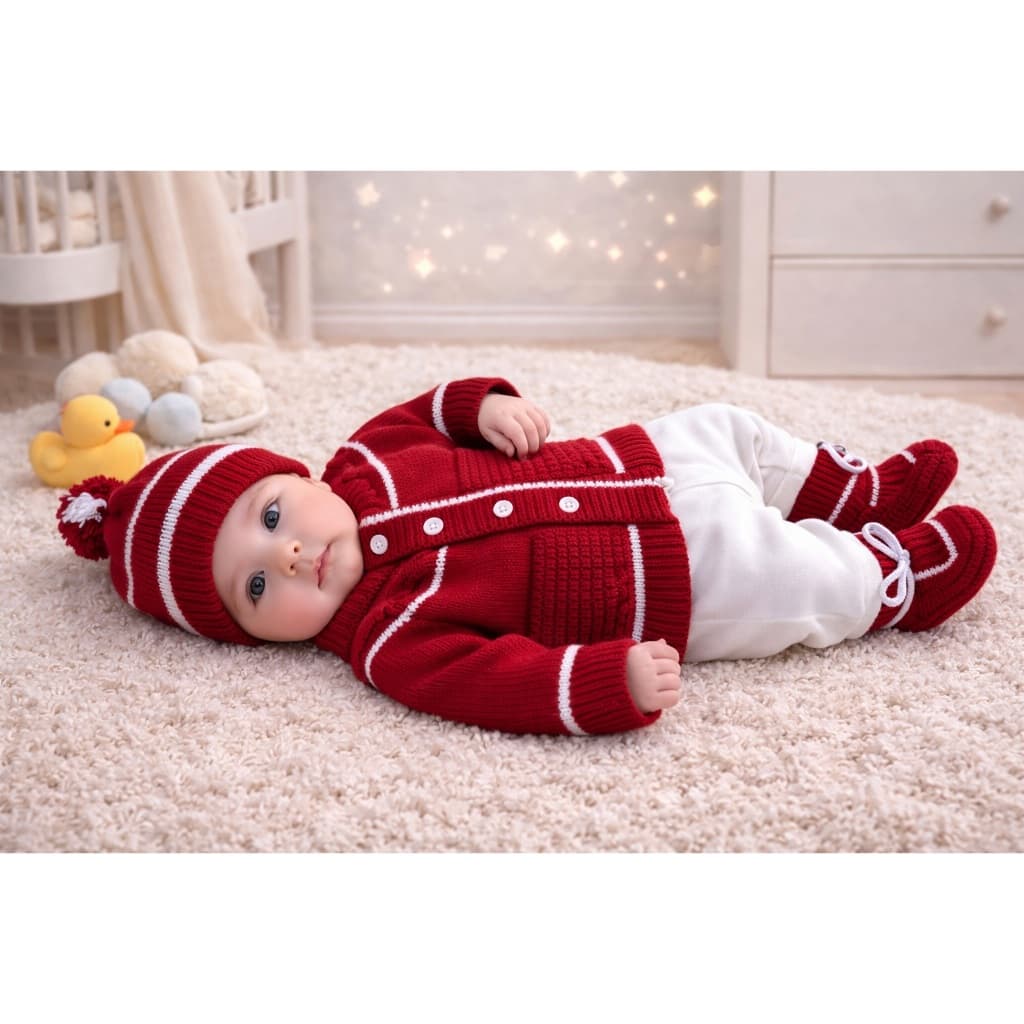 Casaco para bebê em lã com touca e sapatinho - 0 a 3 meses