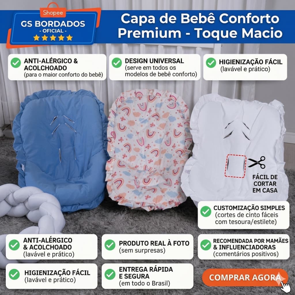 Capa Para Bebê Conforto Universal Acolchoada 100% Algodão Macia Antialérgica Serve Todos Modelos