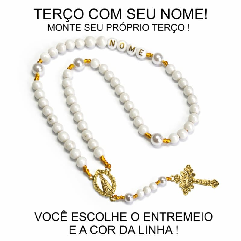 Terço Dourado personalizado com seu nome Branco católico