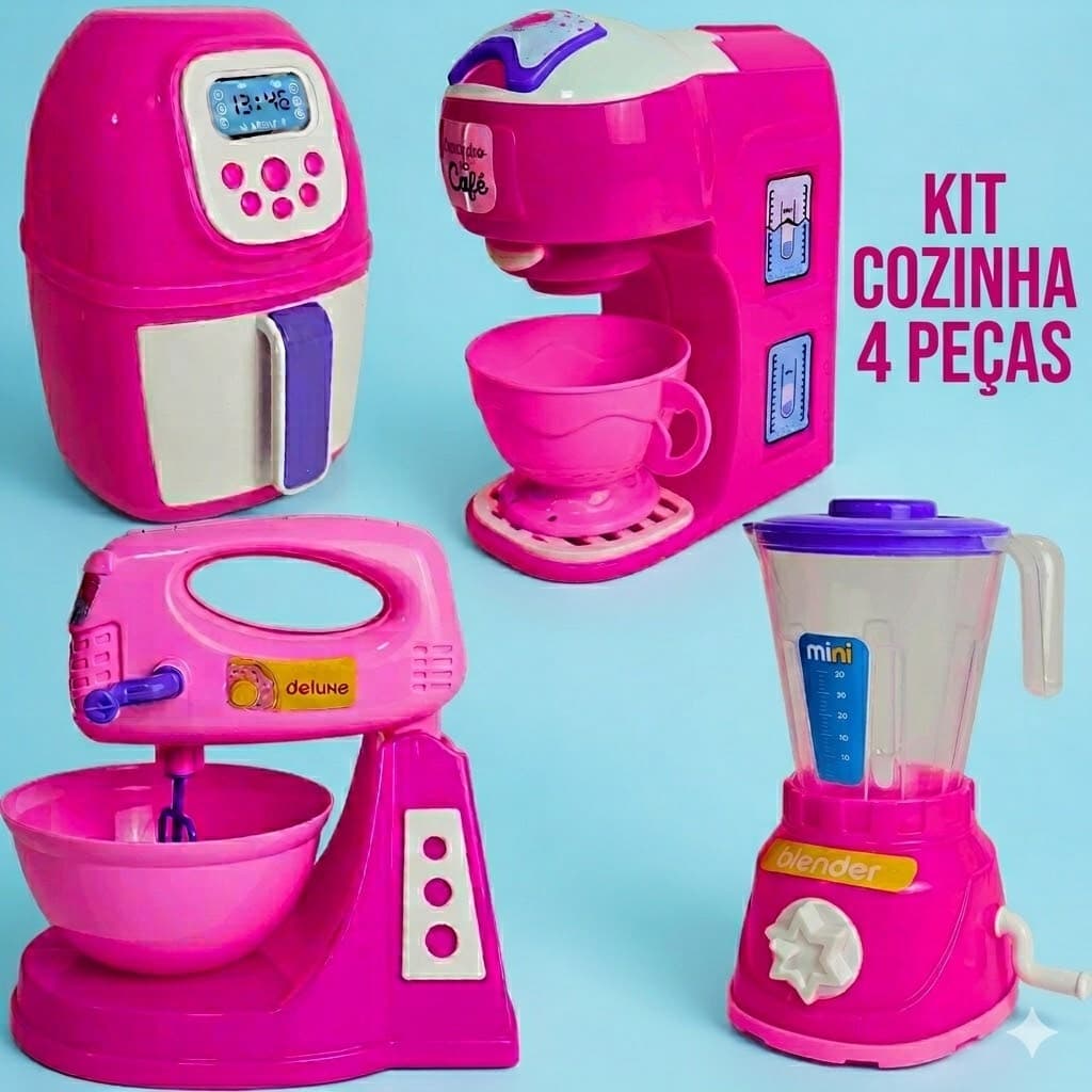 Kit Cozinha Infantil de Brinquedo Eletrodomesticos Air Fryer Cafeteira Batedeira Liquidificador 4 Peças