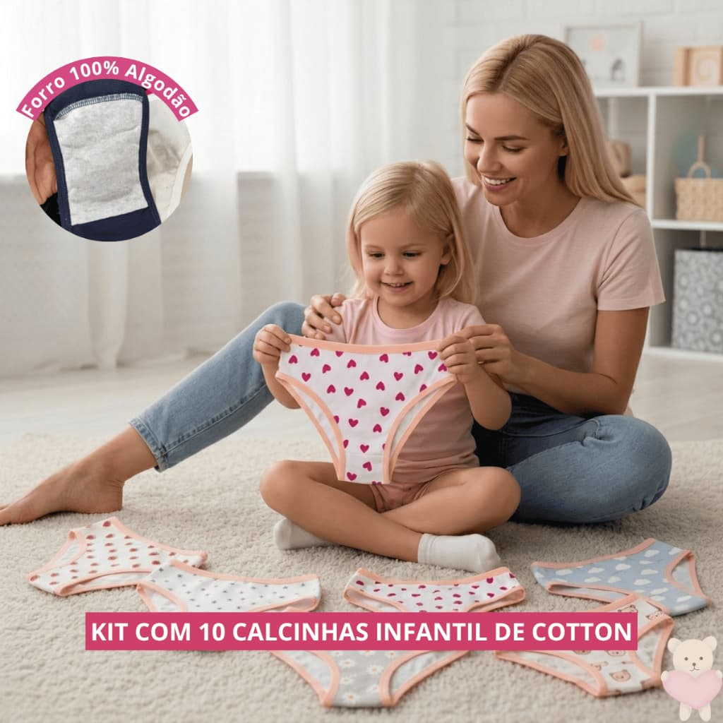 Kit 10 Calcinhas Juvenil Infantil Cotton para Meninas com Forro 100% Algodão Conforto