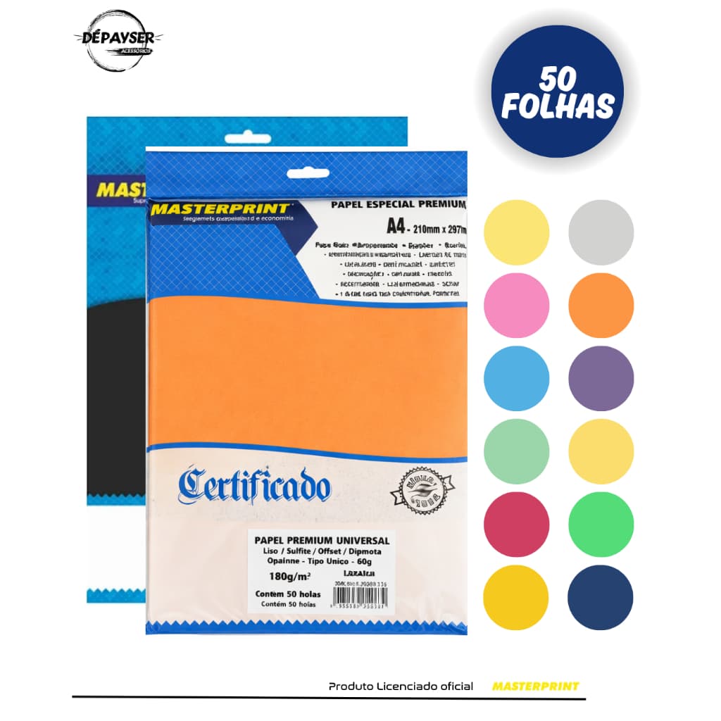 Papel Sulfite Offset Diplomata Opaline A4 180g 50 folhas Liso Premuim MasterPrint Colorido