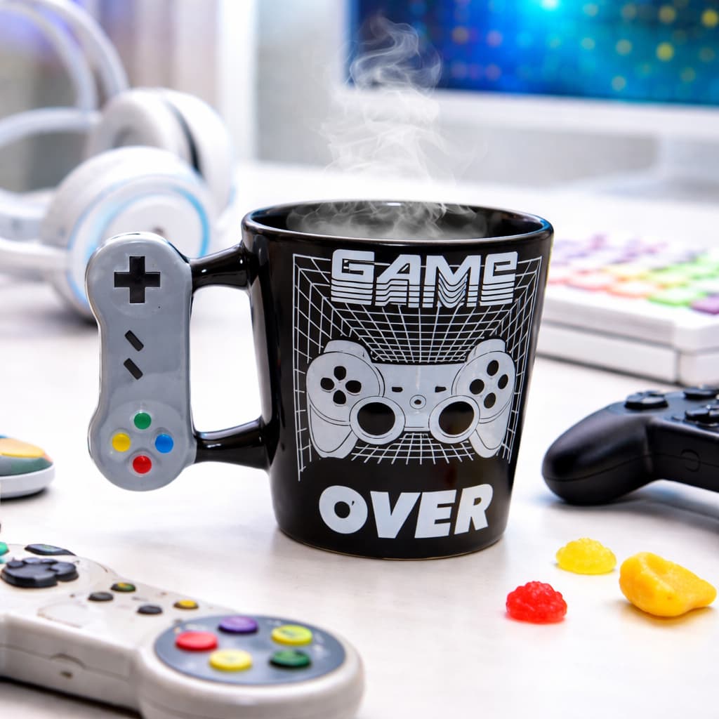 Caneca Gamer Geek Preta Joystick 3D 8 Controles Porcelana 350ml