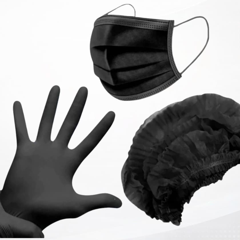 Kit 100 Toucas TNT+ 100 Luvas Nivyl P, M,G +100 Máscara Descartável Preta C/ Clipe Nasal