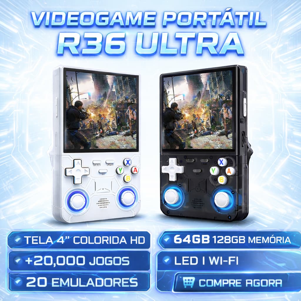 R36 ULTRA  Console Portátil Jogos Vídeo Game 64GB/128GB Linux I Tela IPS 4.0 HD  I LED I WI-FI Nativo