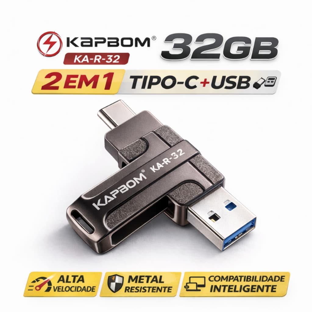 Pen Drive 32GB 2 em 1 Kapbom KA-R-32 USB 3.0 e Tipo C Metal Alta Velocidade