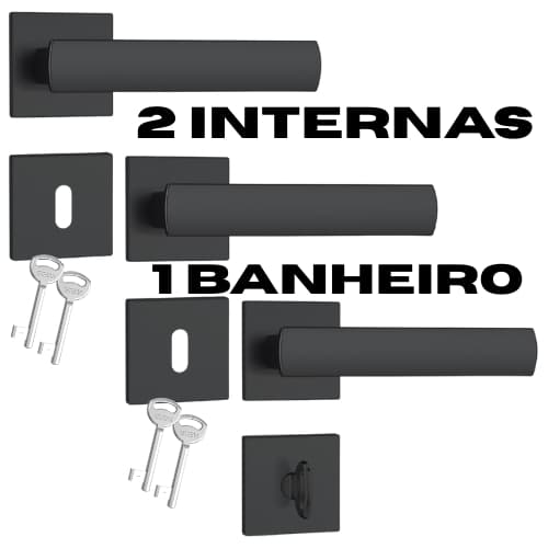 Kit 2 Fechaduras Internas + 1 Fechadura Banheiro Stam  Roseta Quadrada 40mm Preto Fosco Cromado Escovado