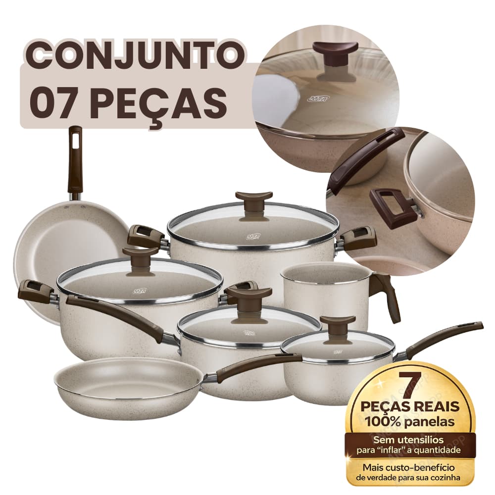 Kit Jogo 7 Panelas com Tampa de Vidro Baunilha MTA Frigideira + Panela + Leiteira Conjunto Cozinha