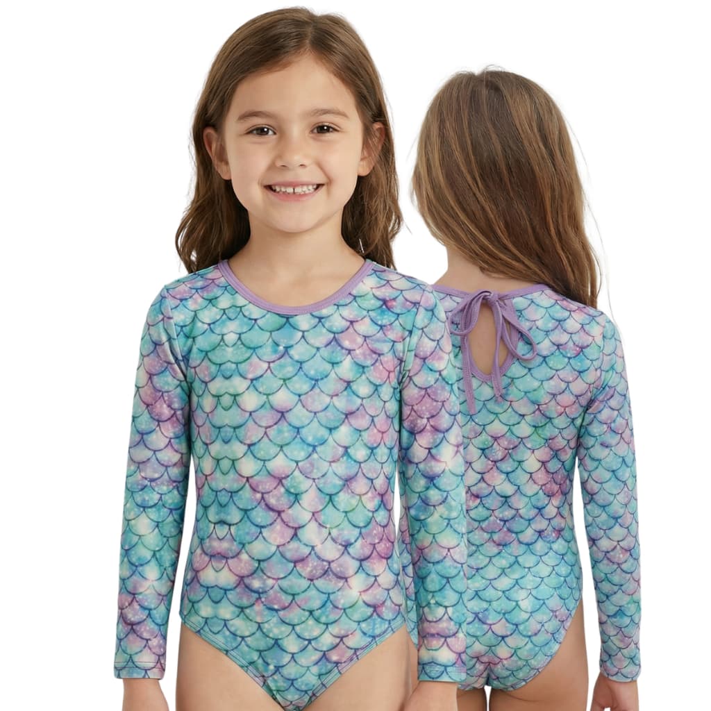 Maiô manga longa infantil/juvenil forrado proteção UV meninas de 2 a 16 anos