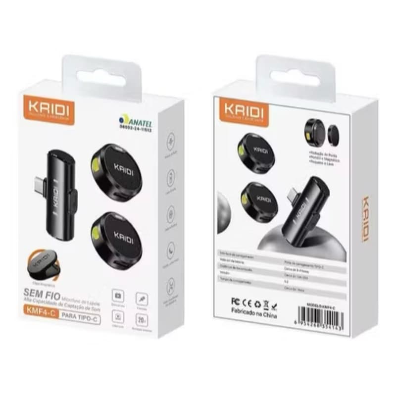 Microfone de Lapela Sem Fio KAIDI– Tipo-C e IPHONE Maginético e Alta Qualidade de Som Bateria Longa, Compact