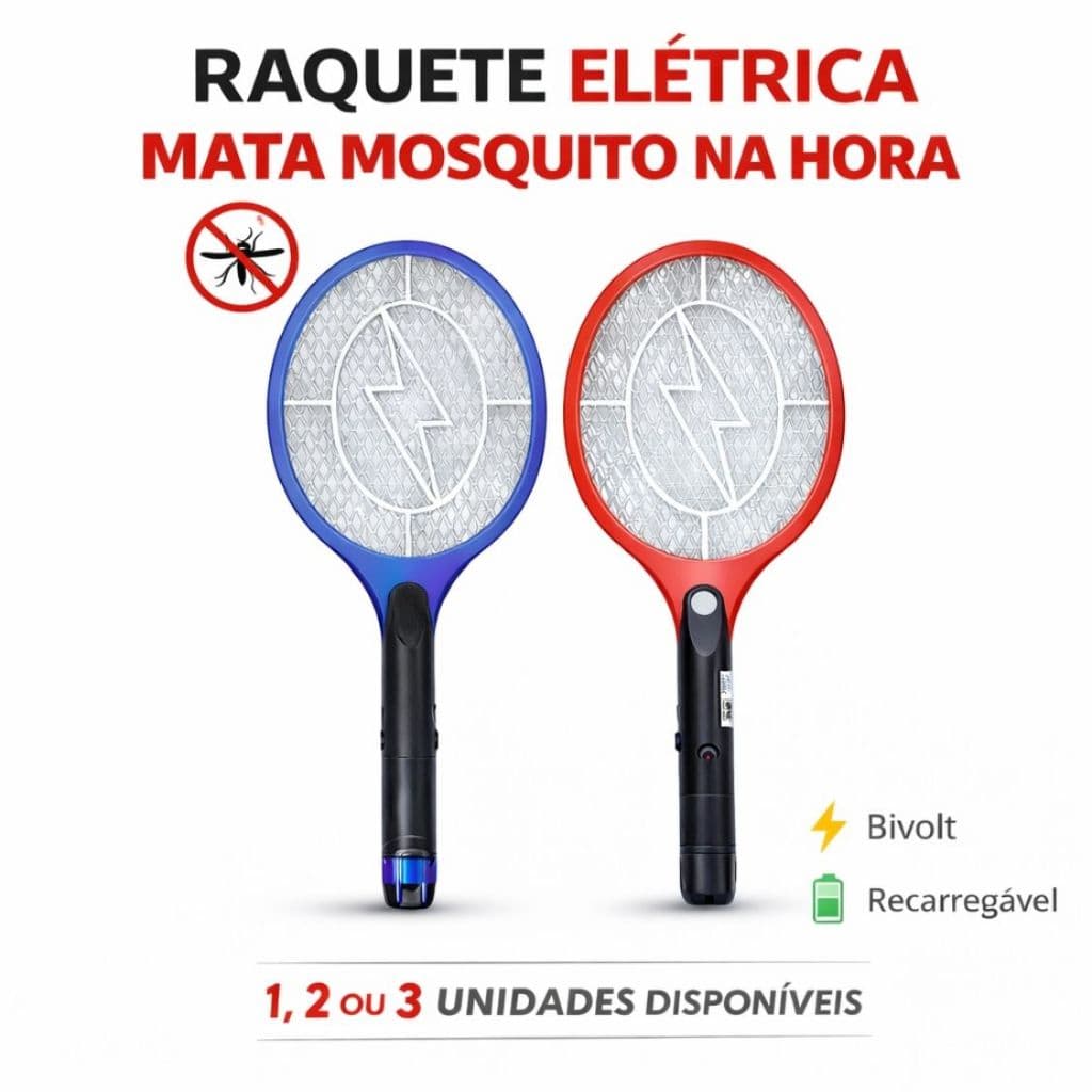 Raquete Elétrica Mata Mosquito Pernilongo Insetos Moscas Recarregável Bivolt LED Kit 1 2 3 Unidades