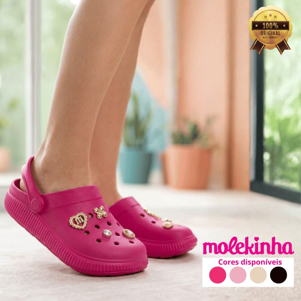 Sandália Molekinha Meninas Clog Colorida com Pins Dourados Metálicos Crianças Babuche Original