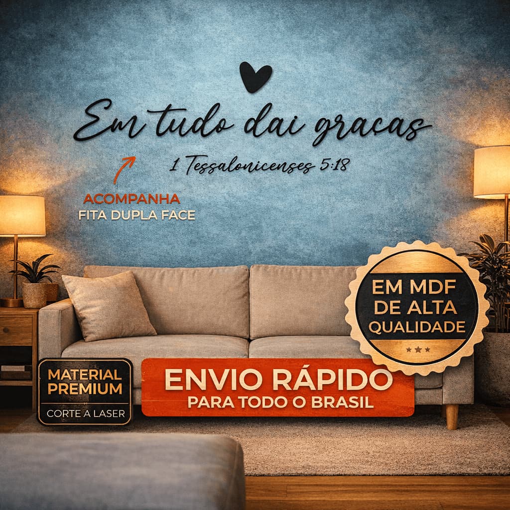 Frase Bíblica Em Tudo Dai Graças MDF Preto Decorativo Parede 80cm com Coração Decoração Cristã Sala Quarto