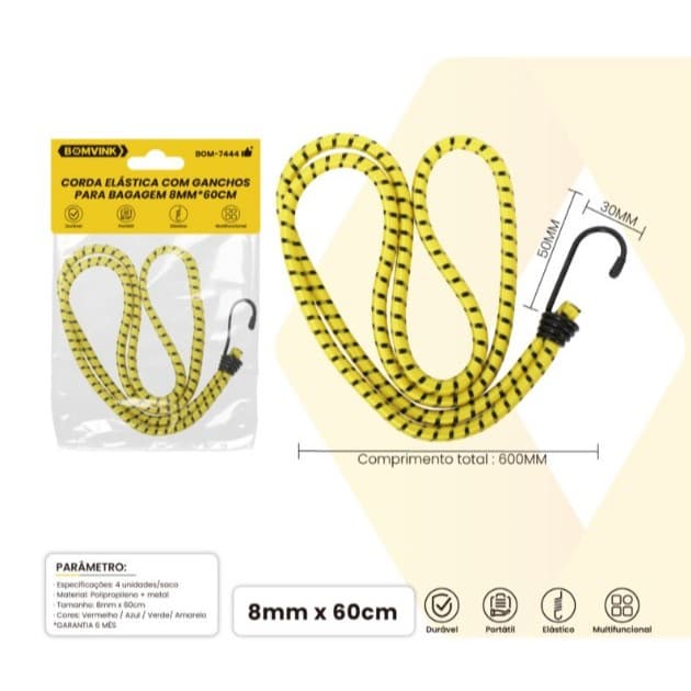 CORDA ELÁSTICA COM GANCHOS PARA BAGAGEM 8MM*60CM BOMVINK BOM-7444-Cor Sortida