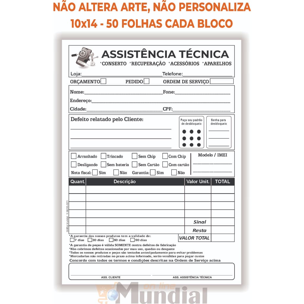 05 Blocos Assistência Conserto Técnico 10x14, 50 folhas cada talão, Orçamento Recibo/Ordem Serviço