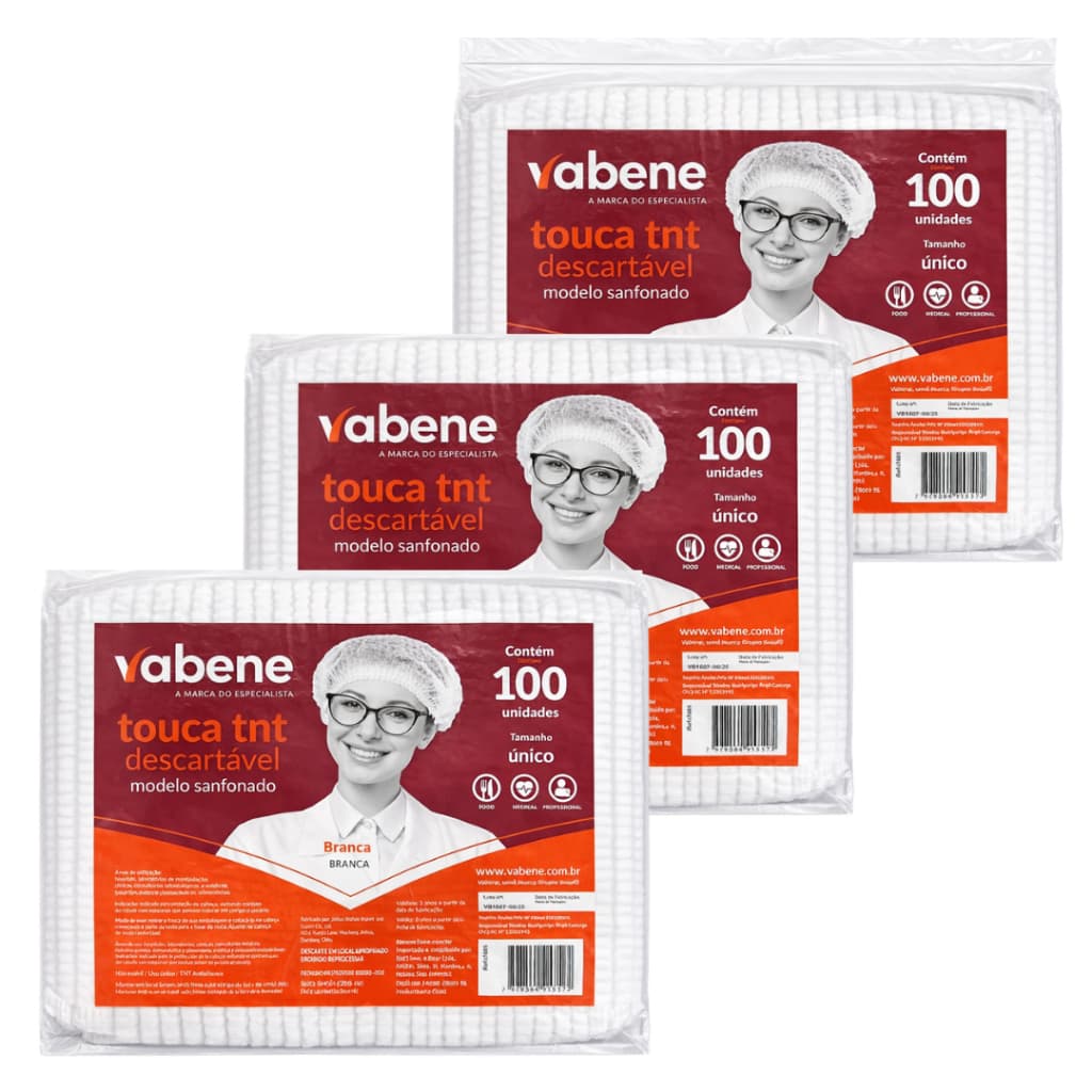 Kit 100 a 300 Toucas Descartáveis TNT Branca Sanfonadas com Elástico Vabene