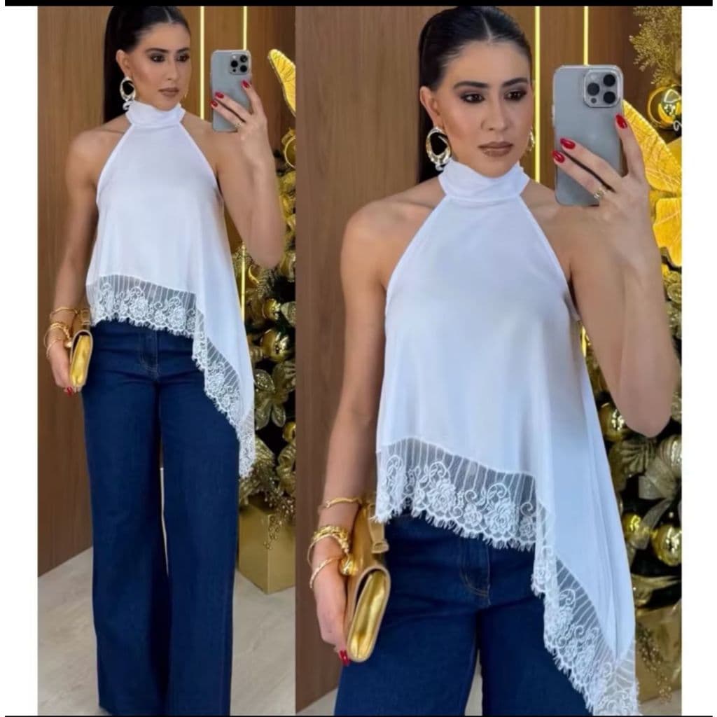 Blusa Feminino Asismetrica  Gola Alta Com  Detalhe  De Renda Nas Ponta
