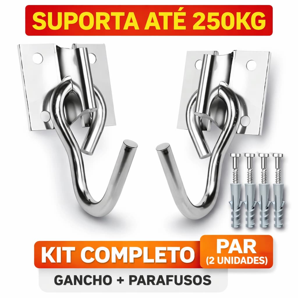 Kit Par Gancho De Rede Balanço até 250kg Armador Aço Grosso Reforçado Com 8 Parafusos E 8 Buchas