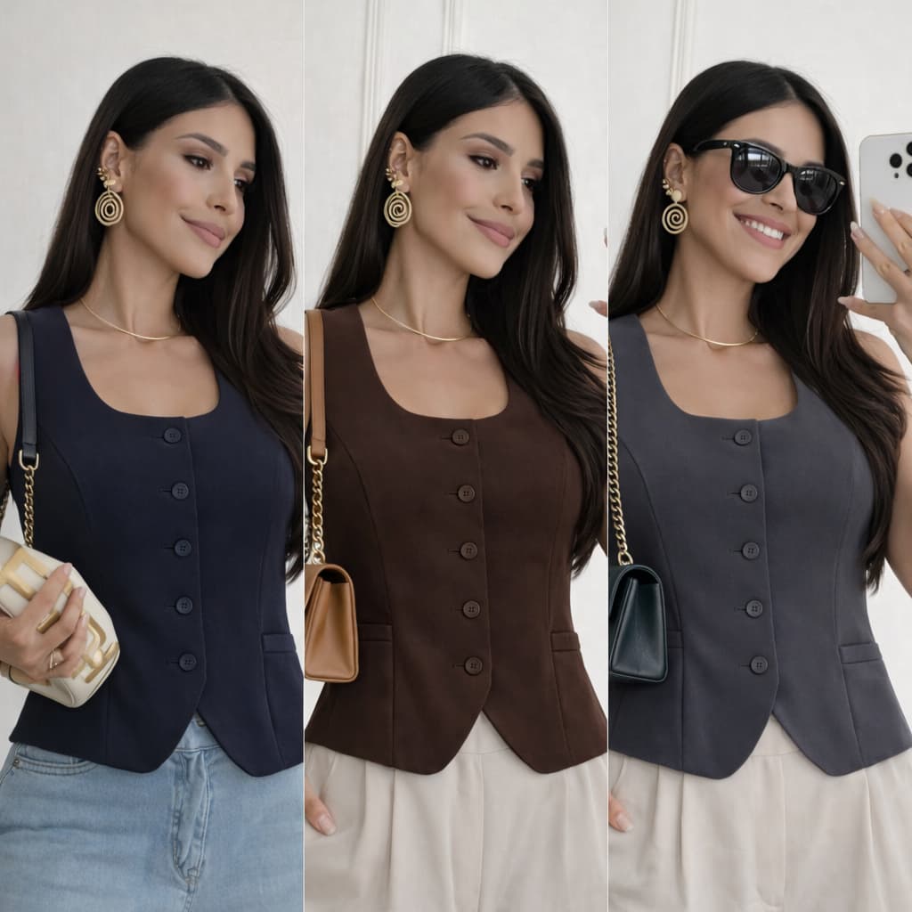 Colete Feminino Alfaiataria Alça Larga Gola Quadrada detalhe aberto na frente COLETE #97