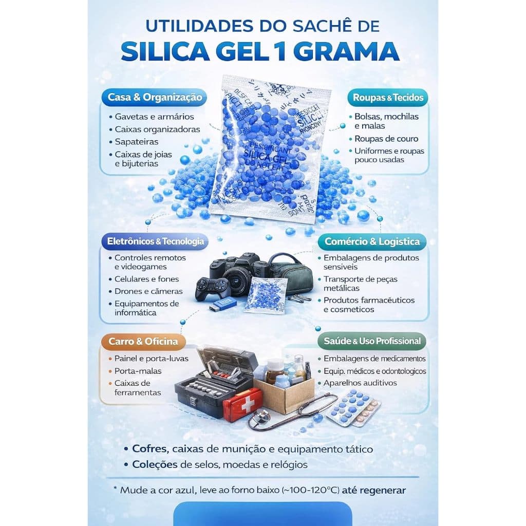 Sílica Gel Azul Anti Mofo e Umidade Dessecante, 100 Sachês, 1g cada
