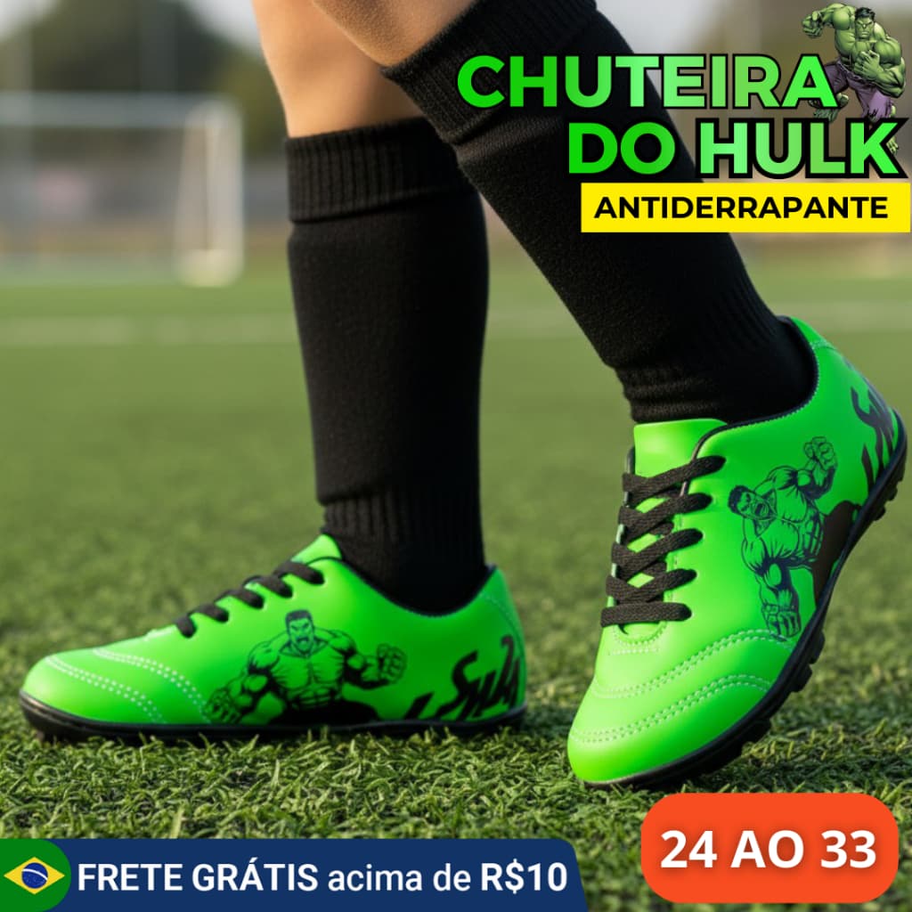Chuteira do Hulk Infantil Menino Society ou Futsal Antiderrapante Confortável Super Herói Verde