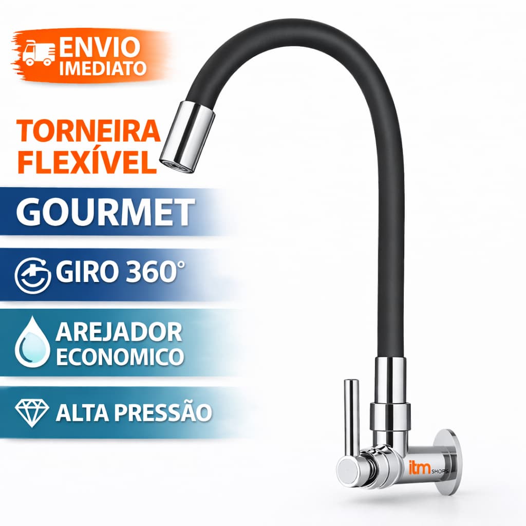 Torneira Gourmet Flexível Cozinha Parede Preta 360° Silicone Com Arejador Alta Pressão