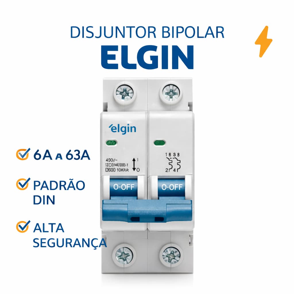 Disjuntor Bipolar Elgin 2P DIN 6A 10A 16A 20A 25A 32A 40A 50A 63A Proteção Contra Curto com INMETRO