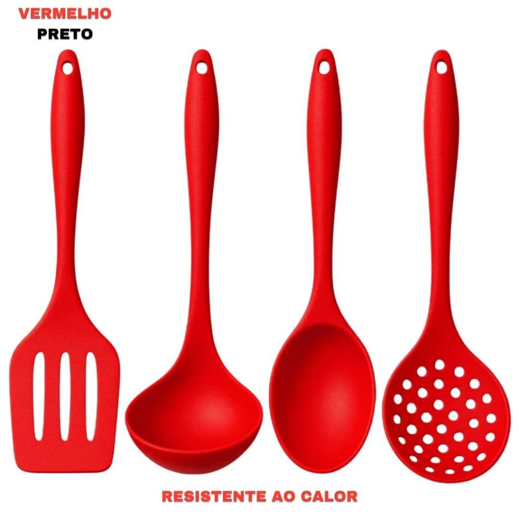 Kit Utensílios Silicone Cozinha 4 Peças Espátula Colher Antiaderente Resistente ao Calor