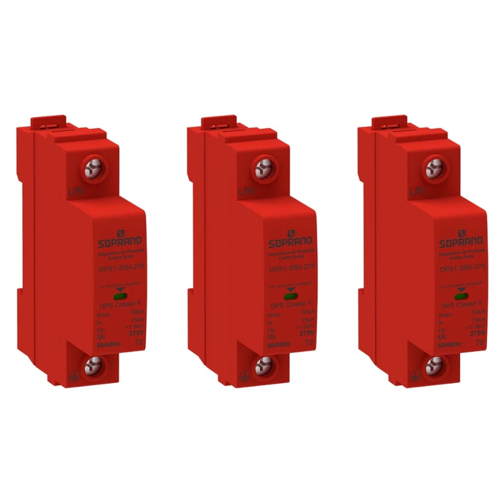 Kit 3 Dispositivo Protetor Contra Surtos Anti Raio Dps Monobloco 1P 15-30KA 275VAC - DPS1-30M-275