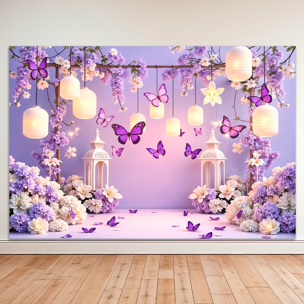 Fundo Fotográfico Borboletas Floral Em Tecido 1,50 x 2,20 Mt