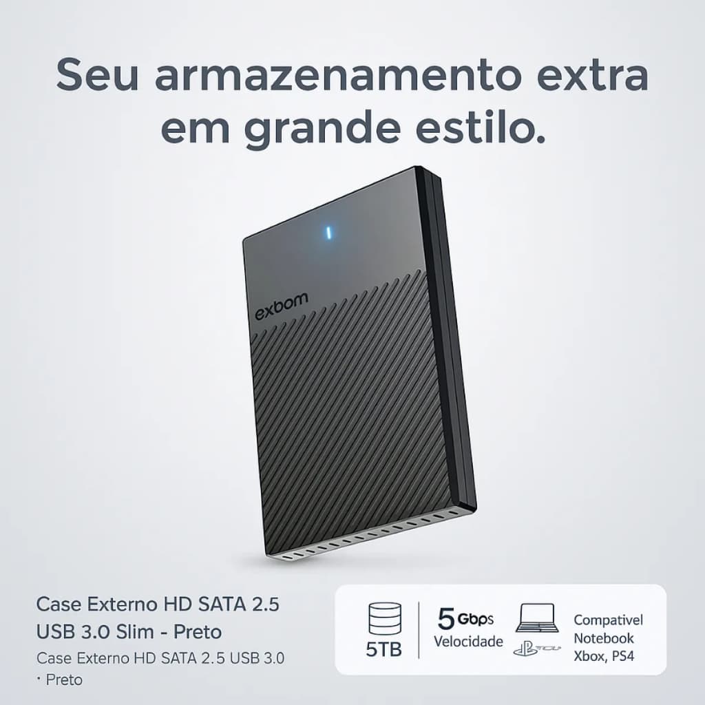 Kit  Case Hd Externo Sata 2.5 Gaveta Slim Usb 3.0 5 Gbps Preto