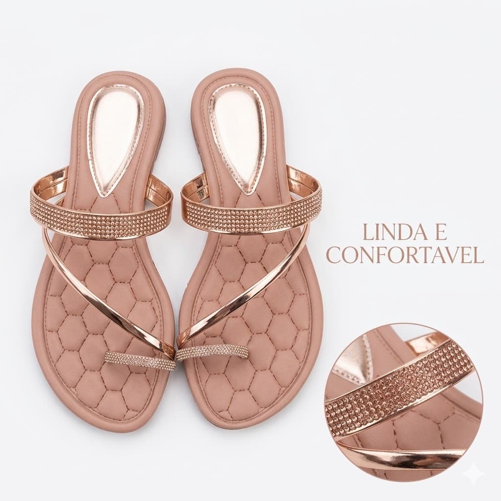 Sandália Rasteirinha Casual Dia a Dia Confortável Brilho Strass Antiderrapante